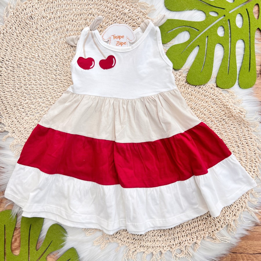  Vestido Cerejinha com Três cores - Vermelho, Areia e Off White